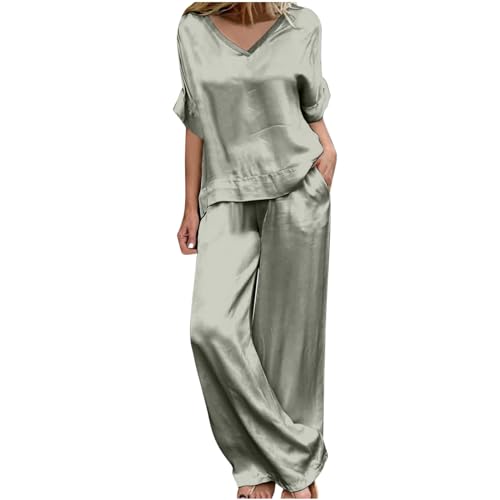 Dünn Damen Hosenanzug Elegant 2-Teiliges Satin Batwing Ärmel Unregelmäßiger Shirts + Hohe Taille Einfarbig Weites Bein Hose Zweiteiler Sets Hochzeit Festlich Abendanzug Freizeitanzug Outfit von AEGJEGVD