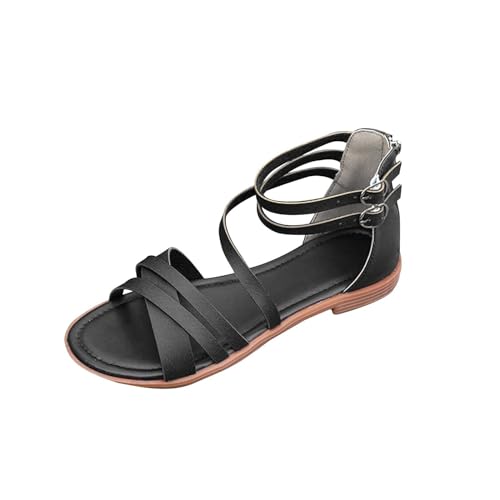 AEGJEGVD Damen Gladiator Sandalen Sommer Flache Tanga Kreuz Riemchensandalen Trendige Römerschuhe Mit Reißverschluss Frauen Bohemian Sommerschuhe Pu Leder Römisch Flach Sandale Freizeitsandale von AEGJEGVD