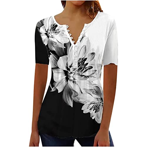 Damen Henley Shirt 2024 Komfortabel Baumwolle T-Shirt Damen V-Ausschnitt Tunika Tops Knöpfe Bluse Kurzarm Sommer Oberteile Blumen Bluse Longshirt Elegant Falten Tunika von AEGJEGVD