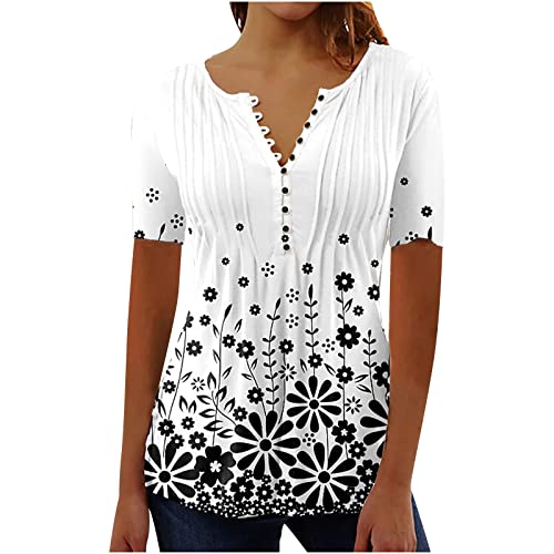 Damen Henley Shirt 2024 Komfortabel Baumwolle T-Shirt Damen V-Ausschnitt Tunika Tops Knöpfe Bluse Kurzarm Sommer Oberteile Blumen Bluse Longshirt Elegant Falten Tunika von AEGJEGVD