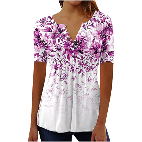 Damen Henley Shirt 2024 Komfortabel Baumwolle T-Shirt Damen V-Ausschnitt Tunika Tops Knöpfe Bluse Kurzarm Sommer Oberteile Blumen Bluse Longshirt Elegant Falten Tunika von AEGJEGVD