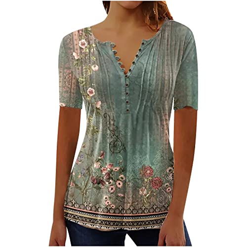 Damen Henley Shirt 2024 Komfortabel Baumwolle T-Shirt Damen V-Ausschnitt Tunika Tops Knöpfe Bluse Kurzarm Sommer Oberteile Blumen Bluse Longshirt Elegant Falten Tunika von AEGJEGVD