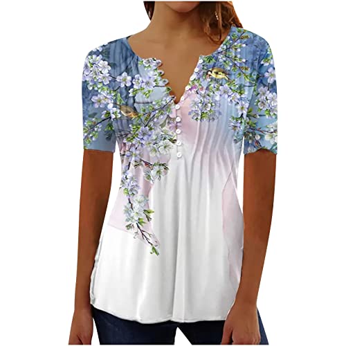 Damen Henley Shirt 2024 Komfortabel Baumwolle T-Shirt Damen V-Ausschnitt Tunika Tops Knöpfe Bluse Kurzarm Sommer Oberteile Blumen Bluse Longshirt Elegant Falten Tunika von AEGJEGVD