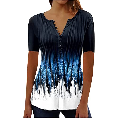 Damen Henley Shirt 2024 Komfortabel Baumwolle T-Shirt Damen V-Ausschnitt Tunika Tops Knöpfe Bluse Kurzarm Sommer Oberteile Blumen Bluse Longshirt Elegant Falten Tunika von AEGJEGVD