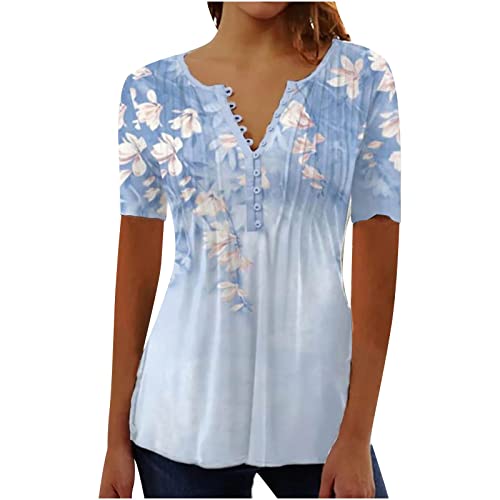 Damen Henley Shirt 2024 Komfortabel Baumwolle T-Shirt Damen V-Ausschnitt Tunika Tops Knöpfe Bluse Kurzarm Sommer Oberteile Blumen Bluse Longshirt Elegant Falten Tunika von AEGJEGVD