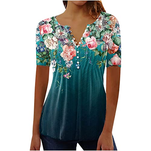 Damen Henley Shirt 2024 Komfortabel Baumwolle T-Shirt Damen V-Ausschnitt Tunika Tops Knöpfe Bluse Kurzarm Sommer Oberteile Blumen Bluse Longshirt Elegant Falten Tunika von AEGJEGVD