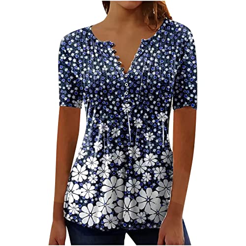 Damen Henley Shirt 2024 Komfortabel Baumwolle T-Shirt Damen V-Ausschnitt Tunika Tops Knöpfe Bluse Kurzarm Sommer Oberteile Blumen Bluse Longshirt Elegant Falten Tunika von AEGJEGVD