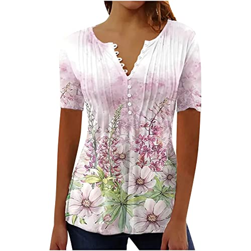 Damen Henley Shirt 2024 Komfortabel Baumwolle T-Shirt Damen V-Ausschnitt Tunika Tops Knöpfe Bluse Kurzarm Sommer Oberteile Blumen Bluse Longshirt Elegant Falten Tunika von AEGJEGVD