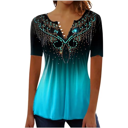 Damen Henley Shirt 2024 Komfortabel Baumwolle T-Shirt Damen V-Ausschnitt Tunika Tops Knöpfe Bluse Kurzarm Sommer Oberteile Blumen Bluse Longshirt Elegant Falten Tunika von AEGJEGVD