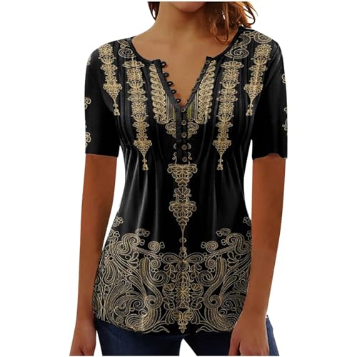 Damen Henley Shirt 2024 Komfortabel Baumwolle T-Shirt Damen V-Ausschnitt Tunika Tops Knöpfe Bluse Kurzarm Sommer Oberteile Blumen Bluse Longshirt Elegant Falten Tunika von AEGJEGVD