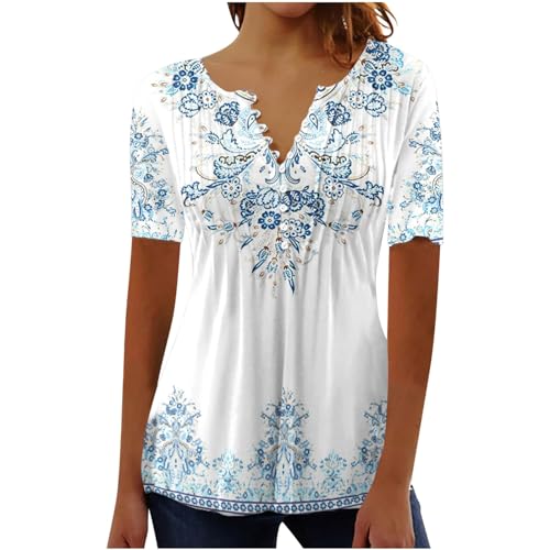 Damen Henley Shirt 2024 Komfortabel Baumwolle T-Shirt Damen V-Ausschnitt Tunika Tops Knöpfe Bluse Kurzarm Sommer Oberteile Blumen Bluse Longshirt Elegant Falten Tunika Damen Henley Shirt 2024 Komfortabel Baumwolle T-Shirt Damen V-Ausschnitt Tunika Tops Knöpfe Bluse Kurzarm Sommer Oberteile Blumen Bluse Longshirt Elegant Falten Tunika von AEGJEGVD