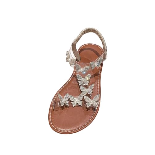AEGJEGVD Damen Klassische Sandalen Boho Flache Strandschuhe Elegante Damen Sandale Strass Schmetterling Elastische Sandaletten Mit Blockabsatz Sommer Offene Zehen Lässig Freizeitschuhe von AEGJEGVD