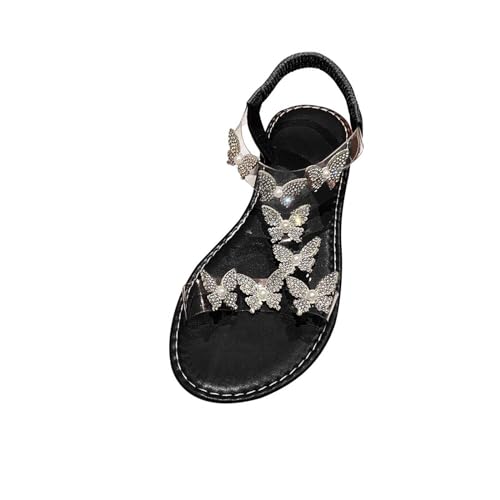 AEGJEGVD Damen Klassische Sandalen Boho Flache Strandschuhe Elegante Damen Sandale Strass Schmetterling Elastische Sandaletten Mit Blockabsatz Sommer Offene Zehen Lässig Freizeitschuhe von AEGJEGVD