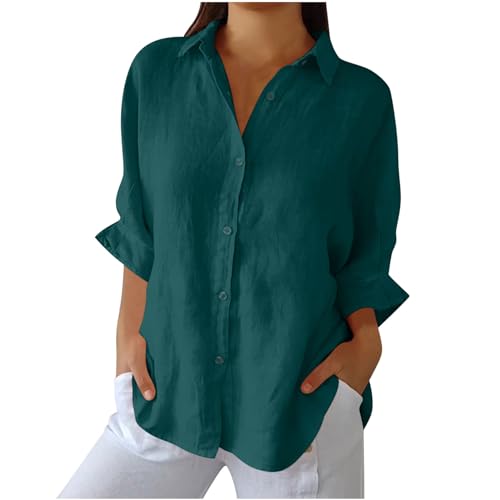 AEGJEGVD Damen Leinenhemd Elegant Einfarbig Bluse V-Ausschnitt Button Down Hemd Baumwolle Leinen Hemdbluse Sommer Tshirt Tops Leinenbluse mit Knöpfen 3/4 Ärmeln Oberteile Große Größen Langarmshirt von AEGJEGVD