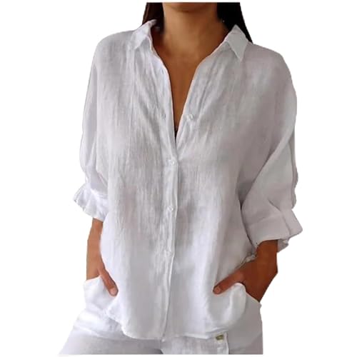 AEGJEGVD Damen Leinenhemd Elegant Einfarbig Bluse V-Ausschnitt Button Down Hemd Baumwolle Leinen Hemdbluse Sommer Tshirt Tops Leinenbluse mit Knöpfen 3/4 Ärmeln Oberteile Große Größen Langarmshirt von AEGJEGVD