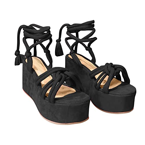 AEGJEGVD Damen Sandalen Frauen Sommer Schuhe Mit Flachem Boden Schräger Ferse Und Gekreuzten Hanfseil Sandal Plateausandalen Bohemian Sandaletten Keilabsatz Sandale Riemchensandalen von AEGJEGVD