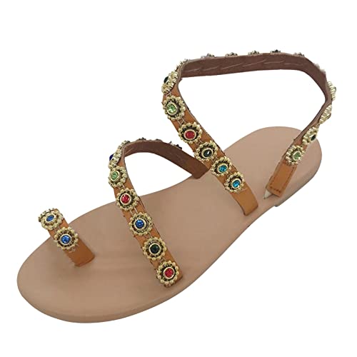 AEGJEGVD Damen Sandalen Riemchen Flache Sandale Elegante Lace Spitze Blumen Sommerschuhe Freizeit Vintage Zehe Ring Gladiator Römische Flip Flops Zehentrenner Komfortable Böhmen Strandsandalen von AEGJEGVD