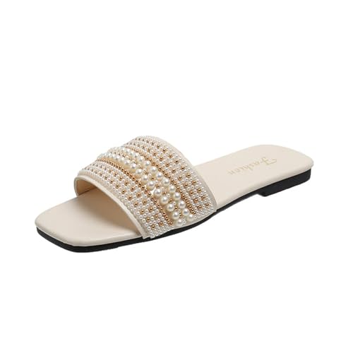AEGJEGVD Flache Sandalen Für Damen, Perlen, Quadratische Zehenpartie Slipper Bequeme Slides Sommer Lässig Strandschuhe Strand Flach Frauen Sommerschuhe Rutschfeste Bequeme Pantoffeln Hausschuhe von AEGJEGVD
