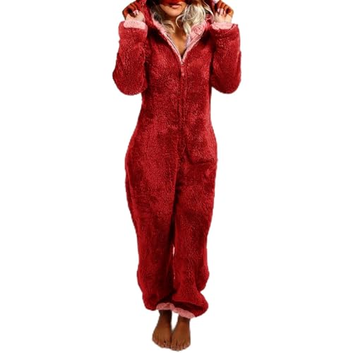 AEGJEGVD Jumpsuit Damen Winter Overall Teddy Fleece Einteiler Onesie Warm Elegant Schlafanzug Kuschelig Lang Pyjama mit Reißverschluss Winter Frauen Onesie Pyjama Warme Schlafanzug von AEGJEGVD