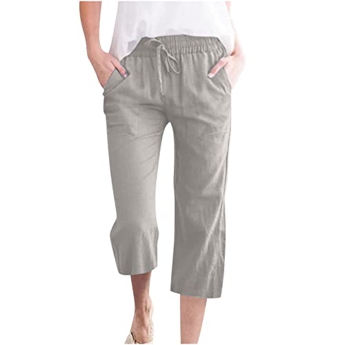 AEGJEGVD Leinenhose Damen Sommer 3/4 Gerades Bein Bequeme Stoffhose Leicht Einfarbig Strandhose mit Kordelzug und Taschen Baumwolle Leinen Stoffhose Bequeme Luftige Freizeithose Sommer Palazzo Hose von AEGJEGVD