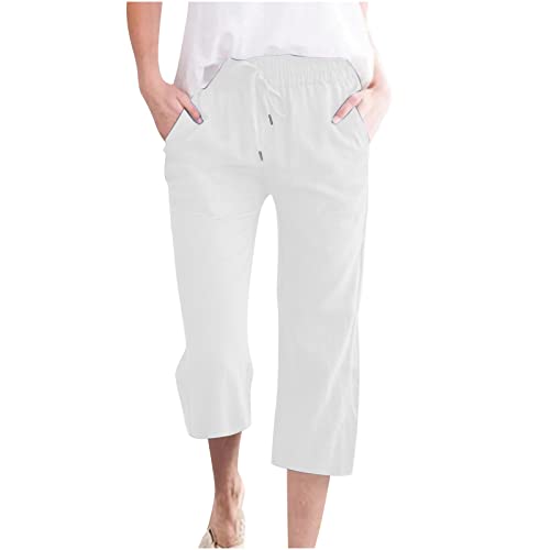 AEGJEGVD Leinenhose Damen Sommer 3/4 Gerades Bein Bequeme Stoffhose Leicht Einfarbig Strandhose mit Kordelzug und Taschen Baumwolle Leinen Stoffhose Bequeme Luftige Freizeithose Sommer Palazzo Hose von AEGJEGVD
