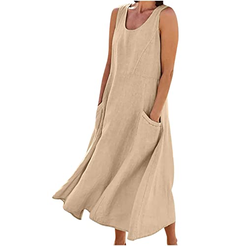 AEGJEGVD Leinenkleid für Damen Sommer Ärmellos Einfarbig Lässig Baggy Fliessend Langes Maxikleider mit Taschen Tankkleid Sommerkleid Strandkleid Partykleid Dünn von AEGJEGVD