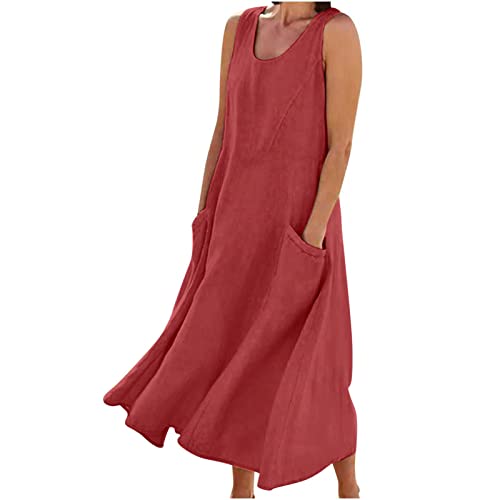 AEGJEGVD Leinenkleid für Damen Sommer Ärmellos Einfarbig Lässig Baggy Fliessend Langes Maxikleider mit Taschen Tankkleid Sommerkleid Strandkleid Partykleid Dünn von AEGJEGVD