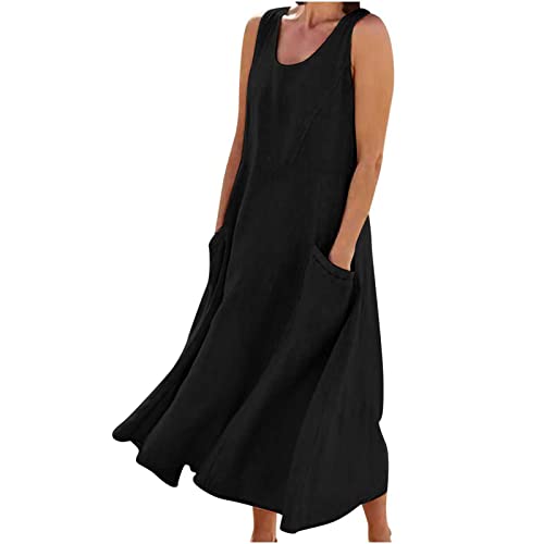 AEGJEGVD Leinenkleid für Damen Sommer Ärmellos Einfarbig Lässig Baggy Fliessend Langes Maxikleider mit Taschen Tankkleid Sommerkleid Strandkleid Partykleid Dünn von AEGJEGVD