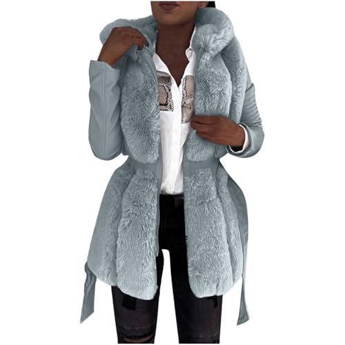 AEGJEGVD Pelzmantel Damen Heiße Neue Pelzmantel Spleißen Gürtel Gürtel Mit Kapuze Einfarbig Reißverschluss Jacke Jacke Lange Ärmel mit Kapuze Lässige Jacke Faux Pelz Winterjacke Dicker von AEGJEGVD