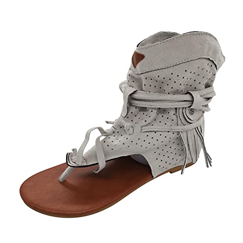 AEGJEGVD Sandalen Damen High Top Römersandalen Mit Retro-Ethno-Stil Fransen Pumps Verschleißfest Zehensandalen Strandschuhe Lässige Offene Zehentrenner Anti-Slip Peeptoe Sandalette von AEGJEGVD