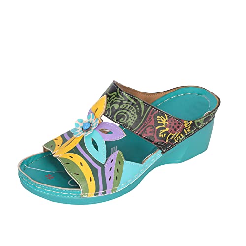 AEGJEGVD Sandalen Damen Pu Leder Sommer Bunte Schuhe Outdoor Handgefertigt Blumen Pantoletten Vintage Flache Urlaub Freizeit Hollow Out Strandschuhe Sandale Dame Ethno Stil Leicht Hausschuhe von AEGJEGVD