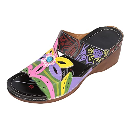 AEGJEGVD Sandalen Damen Pu Leder Sommer Bunte Schuhe Outdoor Handgefertigt Blumen Pantoletten Vintage Flache Urlaub Freizeit Hollow Out Strandschuhe Sandale Dame Ethno Stil Leicht Hausschuhe von AEGJEGVD