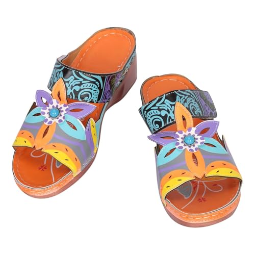 AEGJEGVD Sandalen Damen Pu Leder Sommer Bunte Schuhe Outdoor Handgefertigt Blumen Pantoletten Vintage Flache Urlaub Freizeit Hollow Out Strandschuhe Sandale Dame Ethno Stil Leicht Hausschuhe von AEGJEGVD