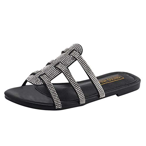 AEGJEGVD Sandalen Damen Sommer Flache Sandale Strass Sandaletten Römische Schuhe Elegante Glitzer Hausschuh Sandals Flip Flops Leicht Bequem Slippers Sommerschuhe Freizeitschuhe Elegante Sandal von AEGJEGVD