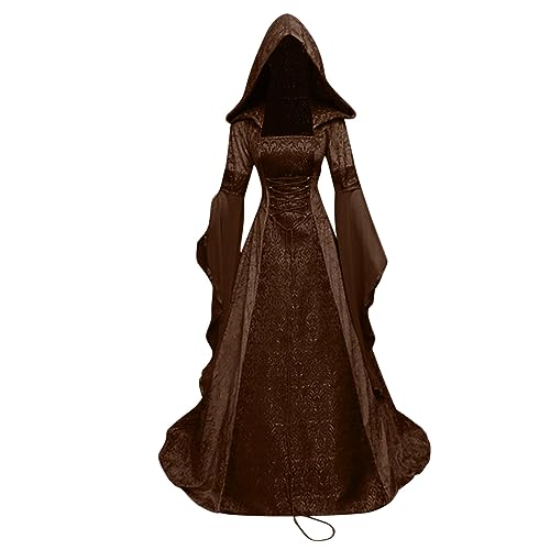 Cosplay Kostüm Damen Halloween Mittelalter Kleid Lang Bodenlanges Cocktailkleid Mit Kapuze Korsett Elegante A-Linie Partykleid Trompetenärmel Abendkleid Frauen Ballkleid Gothic Kleider von AEGJEGVD