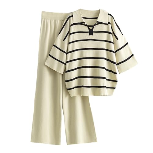 Damen 2 Teiliges Strickanzug Stricken Pulli und Weites Bein Lang Hose Anzug Freizeit Zweiteiler Casual Solide Rundhals Strick Sweater Pullover Hosen Set Freizeitanzug Dünn von AEGJEGVD