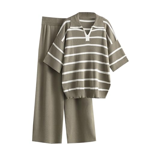 Damen 2 Teiliges Strickanzug Stricken Pulli und Weites Bein Lang Hose Anzug Freizeit Zweiteiler Casual Solide Rundhals Strick Sweater Pullover Hosen Set Freizeitanzug Dünn von AEGJEGVD