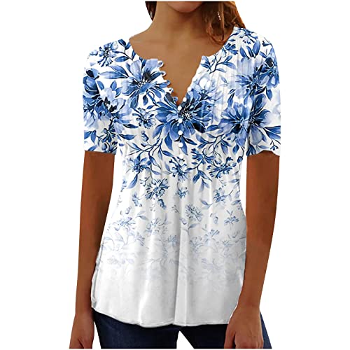 Damen Henley Shirt 2024 Komfortabel Baumwolle T-Shirt Damen V-Ausschnitt Tunika Tops Knöpfe Bluse Kurzarm Sommer Oberteile Blumen Bluse Longshirt Elegant Falten Tunika von AEGJEGVD