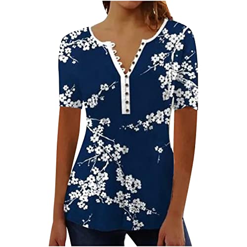 Damen Henley Shirt 2024 Komfortabel Baumwolle T-Shirt Damen V-Ausschnitt Tunika Tops Knöpfe Bluse Kurzarm Sommer Oberteile Blumen Bluse Longshirt Elegant Falten Tunika von AEGJEGVD
