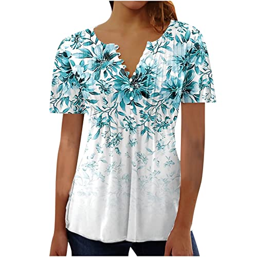 Damen Henley Shirt 2024 Komfortabel Baumwolle T-Shirt Damen V-Ausschnitt Tunika Tops Knöpfe Bluse Kurzarm Sommer Oberteile Blumen Bluse Longshirt Elegant Falten Tunika von AEGJEGVD