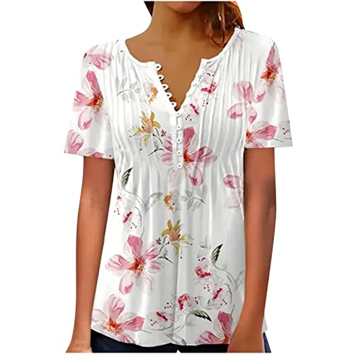 Damen Henley Shirt 2024 Komfortabel Baumwolle T-Shirt Damen V-Ausschnitt Tunika Tops Knöpfe Bluse Kurzarm Sommer Oberteile Blumen Bluse Longshirt Elegant Falten Tunika von AEGJEGVD