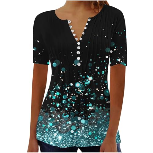 Damen Henley Shirt 2025 Komfortabel Baumwolle T-Shirts V-Ausschnitt Tuniken Tops Knöpfe Bluse Kurzarm Große Größen Sommer Oberteile Kleidung Blumen Bluses Longshirt Elegant Falten Tunika von AEGJEGVD
