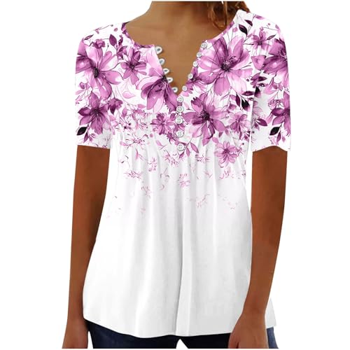 Damen Henley Shirt 2025 Komfortabel Baumwolle T-Shirts V-Ausschnitt Tuniken Tops Knöpfe Bluse Kurzarm Große Größen Sommer Oberteile Kleidung Blumen Bluses Longshirt Elegant Falten Tunika von AEGJEGVD