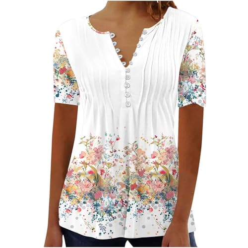 Damen Henley Shirt 2025 Komfortabel Baumwolle T-Shirts V-Ausschnitt Tuniken Tops Knöpfe Bluse Kurzarm Große Größen Sommer Oberteile Kleidung Blumen Bluses Longshirt Elegant Falten Tunika von AEGJEGVD