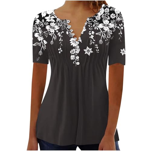 Damen Henley Shirt 2025 Komfortabel Baumwolle T-Shirts V-Ausschnitt Tuniken Tops Knöpfe Bluse Kurzarm Große Größen Sommer Oberteile Kleidung Blumen Bluses Longshirt Elegant Falten Tunika von AEGJEGVD