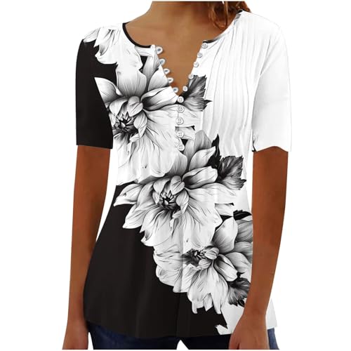 Damen Henley Shirt 2025 Komfortabel Baumwolle T-Shirts V-Ausschnitt Tuniken Tops Knöpfe Bluse Kurzarm Große Größen Sommer Oberteile Kleidung Blumen Bluses Longshirt Elegant Falten Tunika von AEGJEGVD