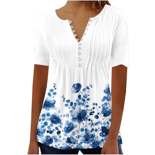 Damen Henley Shirt 2025 Komfortabel Baumwolle T-Shirts V-Ausschnitt Tuniken Tops Knöpfe Bluse Kurzarm Große Größen Sommer Oberteile Kleidung Blumen Bluses Longshirt Elegant Falten Tunika von AEGJEGVD