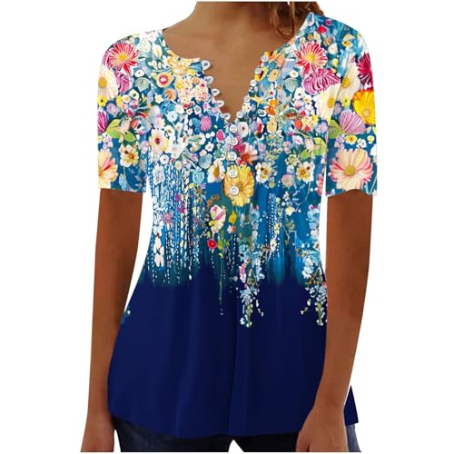 Damen Henley Shirt 2025 Komfortabel Baumwolle T-Shirts V-Ausschnitt Tuniken Tops Knöpfe Bluse Kurzarm Große Größen Sommer Oberteile Kleidung Blumen Bluses Longshirt Elegant Falten Tunika von AEGJEGVD