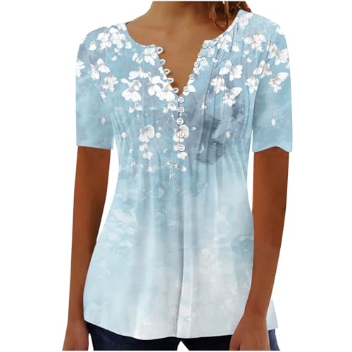Damen Henley Shirt 2025 Komfortabel Baumwolle T-Shirts V-Ausschnitt Tuniken Tops Knöpfe Bluse Kurzarm Große Größen Sommer Oberteile Kleidung Blumen Bluses Longshirt Elegant Falten Tunika von AEGJEGVD