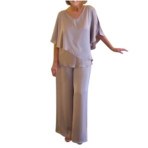 Damen Hosenanzug Elegant 2-Teiliges Satin Batwing Ärmel Unregelmäßiger Shirts + Hohe Taille Weites Bein Hose Zweiteiler Sets Hochzeit Festlich Abendanzug Einfarbig Freizeitanzug Outfit Dünn von AEGJEGVD